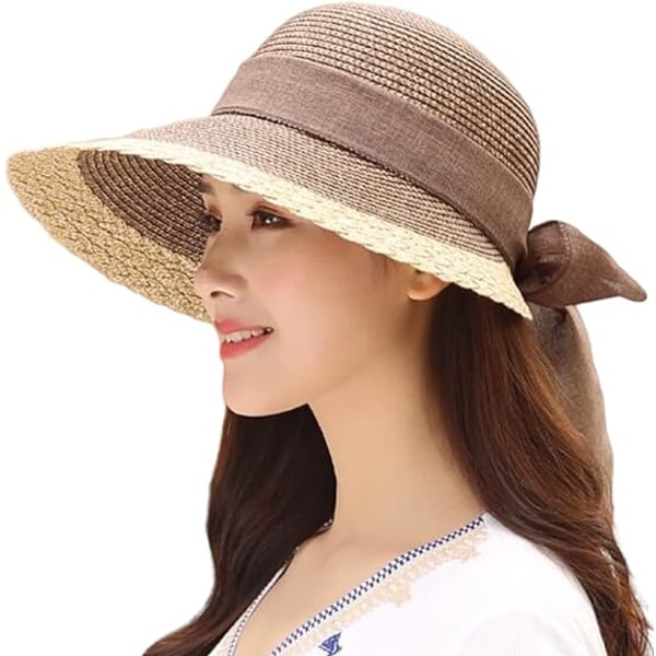 Dame Solhatt av Halm - Sommer Strand Bred Brede - Justerbar Lett Foldbar/Foldbar Reise med UV Upf50 Beskyttelse