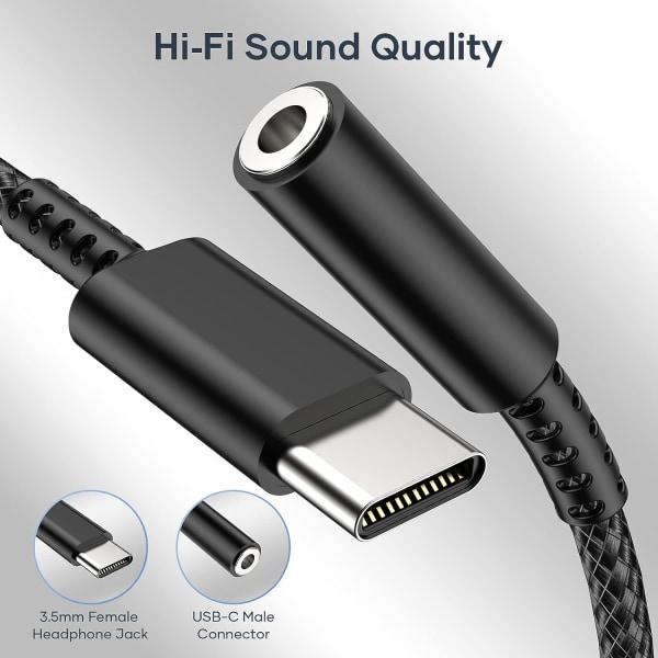USB C til 3,5 mm hodetelefonkontakt-adapter, USB Type C lydkontakt-adapter med DAC, digital lydhodetelefon Type C til lyd kompatibel med Ga