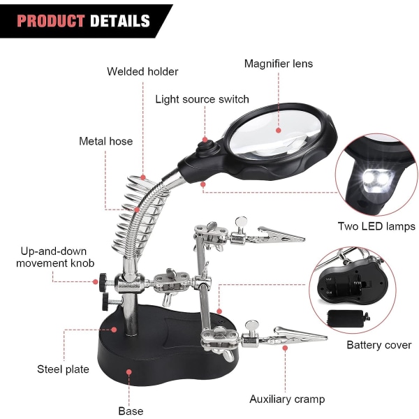 Welding magnifying glass with LED light (3.5X 12X), assistant magnifying glass with fixture and crocodile clip welding fixing device, assembly, repa