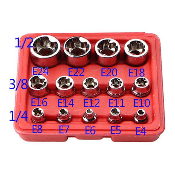 14-osainen E-Torx tähtihylsysarja 1/4\", 3/8\", 1/2\", Ulkoinen vääntömomenttihylsysarja E4-E24 punaisella kotelolla