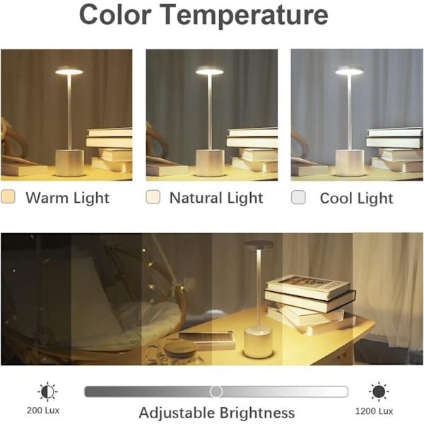 Bordlampe, Oppladbar Trådløs Bordlampe, 3600mAh LED Bordlampe Metalldesign USB-lading, 3 Fargemoduser, for Nattbord, Utendørs, Terrasse, Restaurant