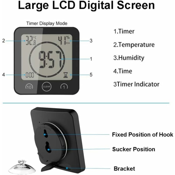 Vattentät Badrumsklocka Väggklocka Termohygrometer Svart
