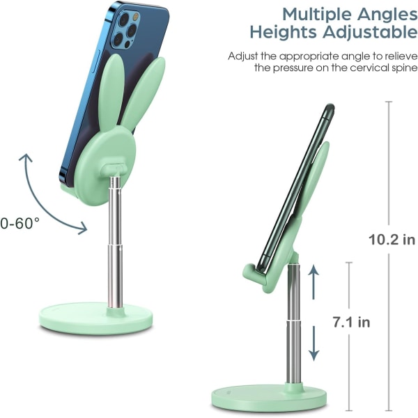 Grön mobiltelefonhållare, höjdjusterbar vinkel för skrivbord, kompatibel med alla mobiltelefoner, iPhone, Samsung, Pixel, iPad, surfplatta (10,2-10\")