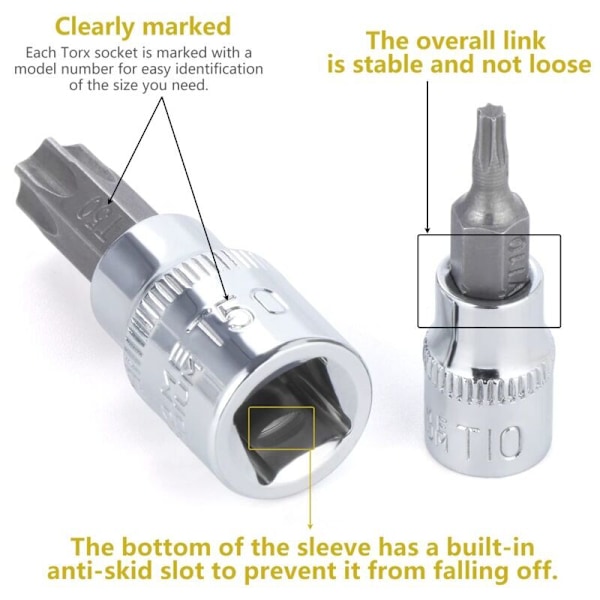 13 stk. Torx Pipenøkkelsett, T8 - T70 Bits Pipenøkkelsett, Hunn Torx Pipenøkler, Torx Bits Pipenøkkelsett, Krom Vanadium Stål 1/4\", 3/8\" og 1/2\" Feste