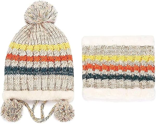 Fleecefodrad kvinnlig stickad mössa halsduk set flickor vinter skidmössa(Beige)