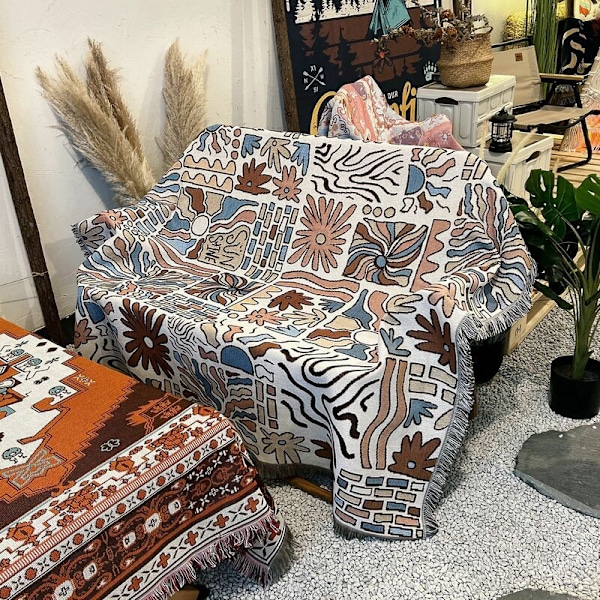 1 stk. 160x130cm strikket pledd dekorert med komfortable, myke bohemfrynser, beskytter mot kulde for sofa, sofa med hvile og lurdekning