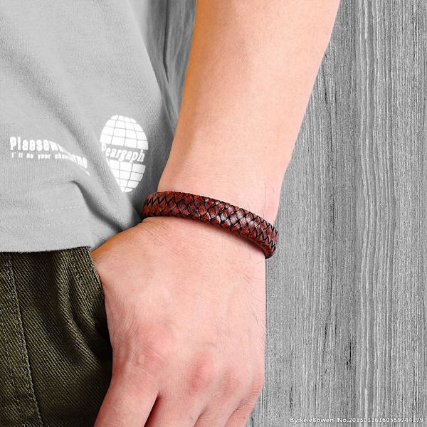 Mænds Armbånd Rustfrit Stål Magnetisk Spænde Retro Brun Læderarmbånd Mænds Gave Håndledsrem