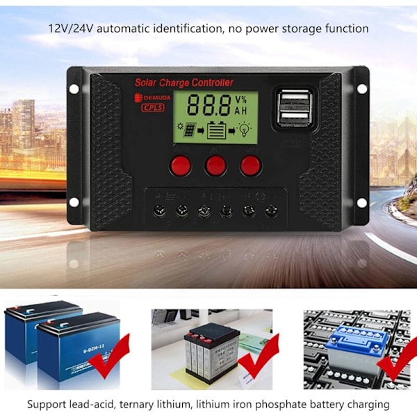 30A Solpanel Controller, 12V 24V Intelligent Batteriregulator, Solpanel Regulator med Justerbart LCD Display, Dobbelt USB Port