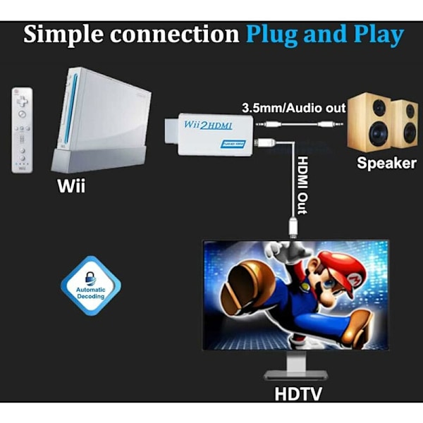 Wii til HDMI adapter, Wii til HDMI 720p/1080p konverter med HDMI-kabel med HDMI-port og 3,5 mm kontakt - støtter alle Wii-skjermmoduser (hvit)