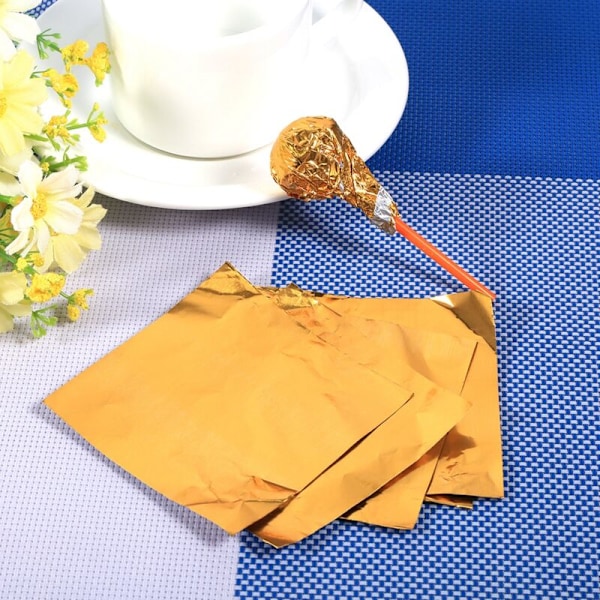Sæt med 100 firkantede aluminiumsemballager til slik, chokolade, slikkepinde, 7,6 x 7,6 cm, guld