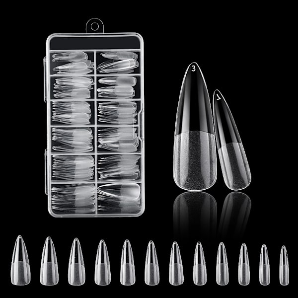 Falska naglar transparenta set (långa spetsiga) - Ett set med 120 full set transparenta nagelspetsar - Transparent spårlös skrubb