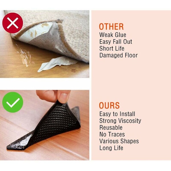 Halkfria pluggar för mattor, mattgrepp för ytor, dubbelsidiga anti-curl pluggar, tvättbara och återanvändbara, svarta, 8 rum - håller din matta på plats