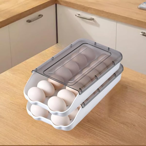 (Svart) Plastkorg för kök, utdragbara ägglådor för kylskåp, automatisk rullande äggkartong, som rymmer 14 ägg, idealisk för förvaring