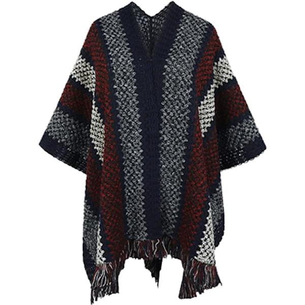 Dame Kappe Kappe Sjal Ekstra Stor Vinter Varm Cardigan Trykt Tæppe Cardigan Kappe Strikket Kappe Frakke Dame Kappe(Marineblå)