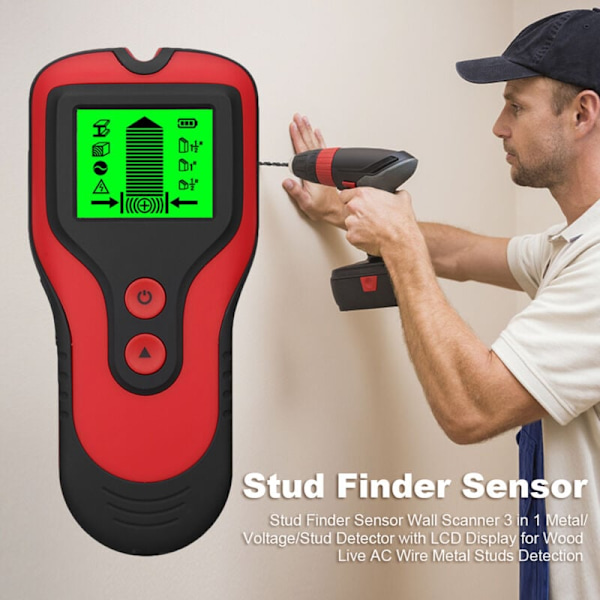 3-i-1 veggdetektor med LCD-skjerm for metalldeteksjon/spenning/oppdatering og SUS-FORSYNING (rød)