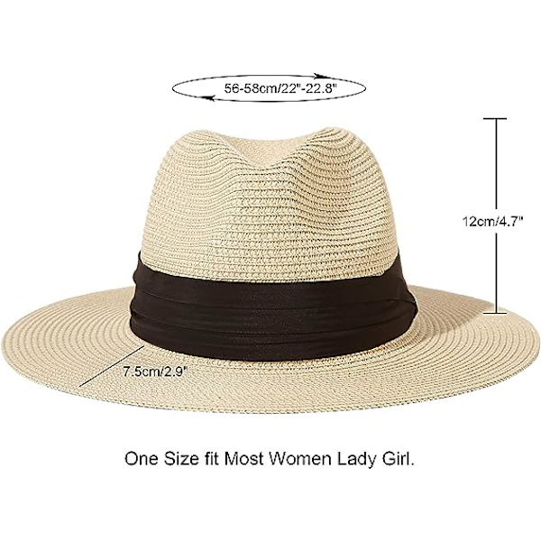 Dam bredbrättad stråhatt Panama rullbar hatt strand solhatt UPF50+ hopfällbar skugga strand (Beige)