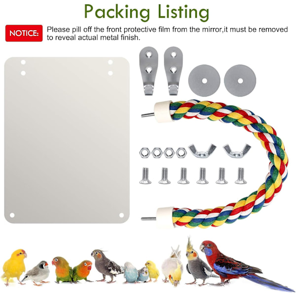 7 tommers fuglespeil med tau abbor, kakadue speil for bur fugleleker sving papegøye burleker for parakitt kakadue kakadue conure kjærlighetsfugler fink