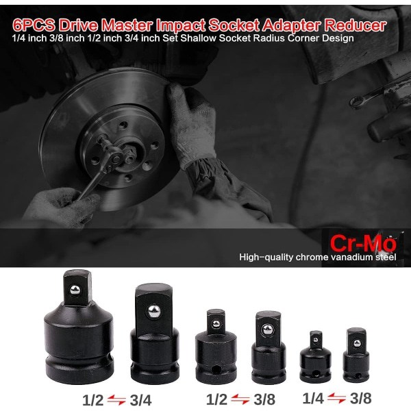 Impact Socket Adapter Kit, Socket Wrench Adapter, 6-delt reducerende adaptersæt til konverter socket kit 1/4\" 3/8\" 1/2\" 3/4\"