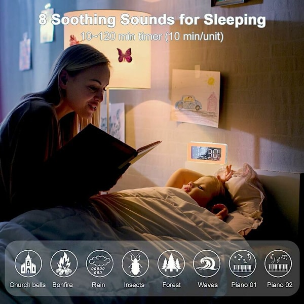 Digital väckarklocka med 2 kraftfulla alarm för djupsömnare, väckarklocka med ljus, timer, 8 vita brus, väckarklocka med laddningsstation