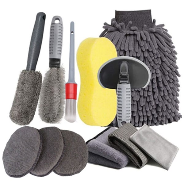 Bilvask rengjøringssett 12 deler - bilbørste for bilhjul dekk hjul vaskehansker i mikrofiber vaskehåndkle og poleringssvamp for vask av en