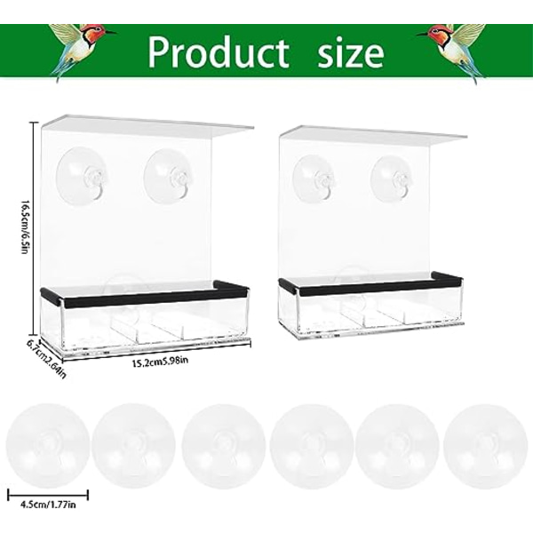 Fuglemater for vinduer, 2 stk Akryl Utendørs Vindu Fuglemater med 6 Sugkopper, Transparent med Avtakbar Skuff Fuglemater for Spurver, Vill