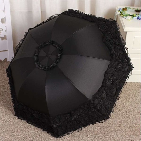 Princess Lace Retro Lace Anti-UV Solskydd Vikbar 3D Blomsterbroderi Paraply 30% Rabatt Blå Regn Snö Solig Svart