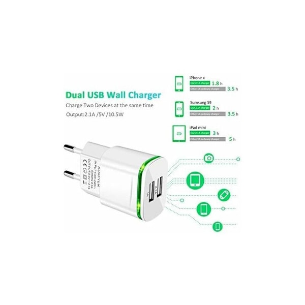 USB Væglader, 2-pak 2.1A 5V 2 porte Universal Strømadapter LED erstatning til iPhone 11 XR X XS Max 8 7 6 6S Plus 5S, Samsung Galaxy/Note, Pad,