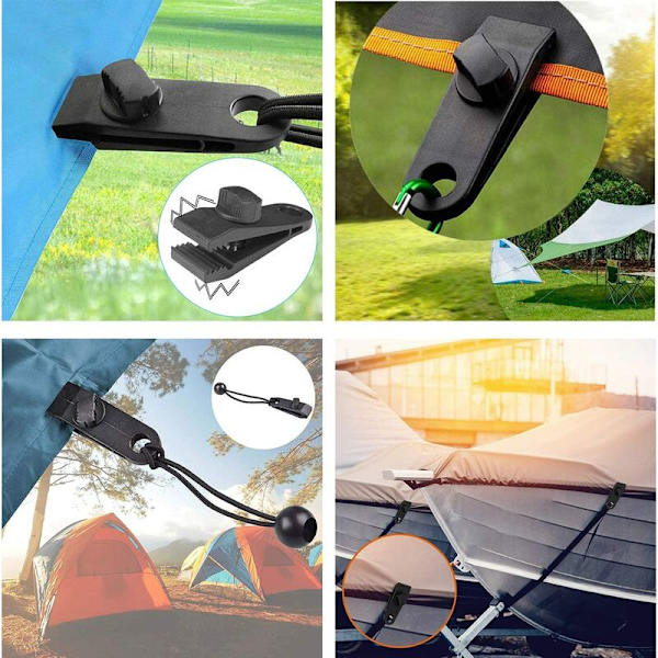 10 set presenningklämmor, kraftiga låsklämmor, tältklämmor med sfärisk elastisk, presenning, markis, tak, utomhuscamping.