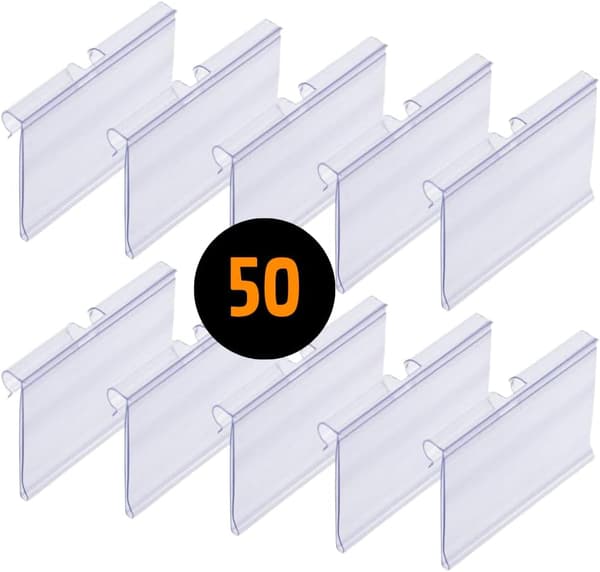 Kit 50 prislappar för T-krokar. Etikett 42 x 60 mm. Transparent. Prislappshållare
