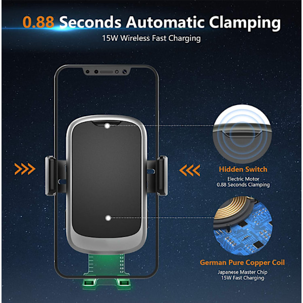 15W induktionsbiloplader, [automatisk fastspænding], telefonholder hurtig trådløs bilopladerholder luftventilationsklemme + sugekop + QC3.0