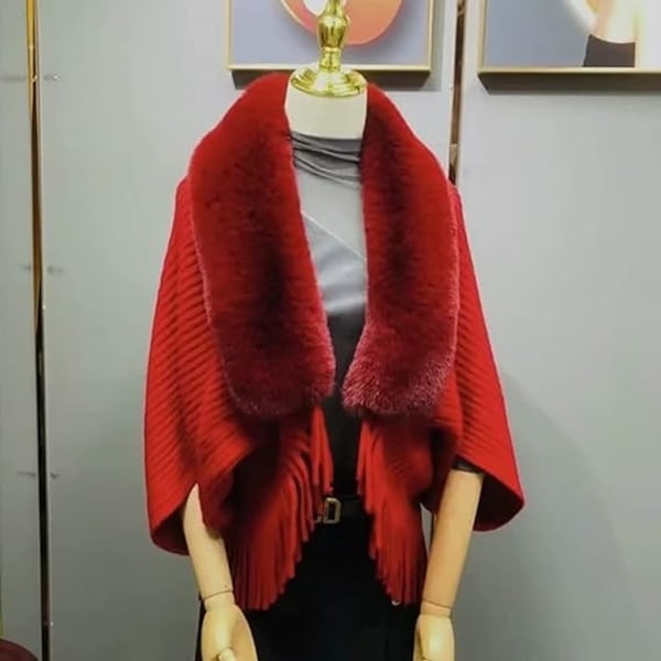 Stickad tjock damlös sjal poncho cape vändbar överdimensionerad lång stickad varm wrap för kvinnor damer på vintern (röd)