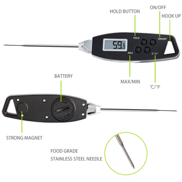 Keittiön vedenpitävä lämpömittari, nopea lämpötilan mittaus lihalle ja grillihaarukalle (musta)