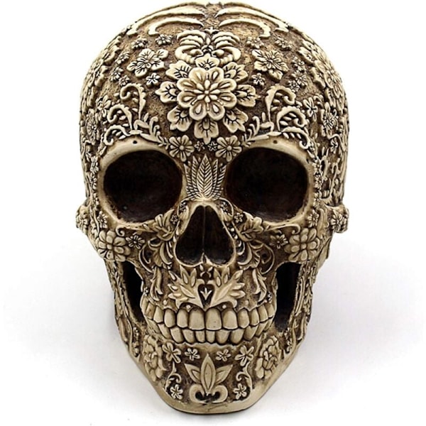 Kreative dygtige blomsterhoveder 20,6 cm, skeletstatue, Halloween dekoration af menneskekraniehjertefoyer, falsk menneskelig anatomisk kran realistisk