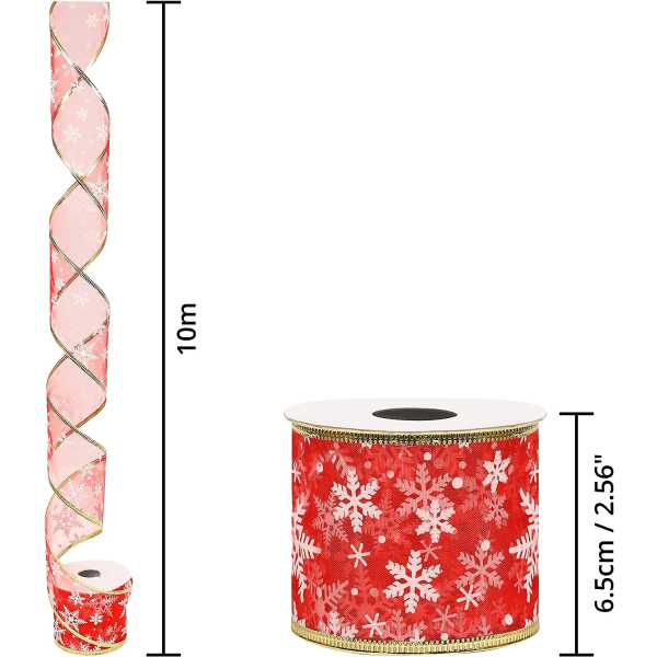 Rött organza presentband - 10m x 6,3cm rött trådbundet julband med paljetter och snöflingor för juldekoration - breda band för jul