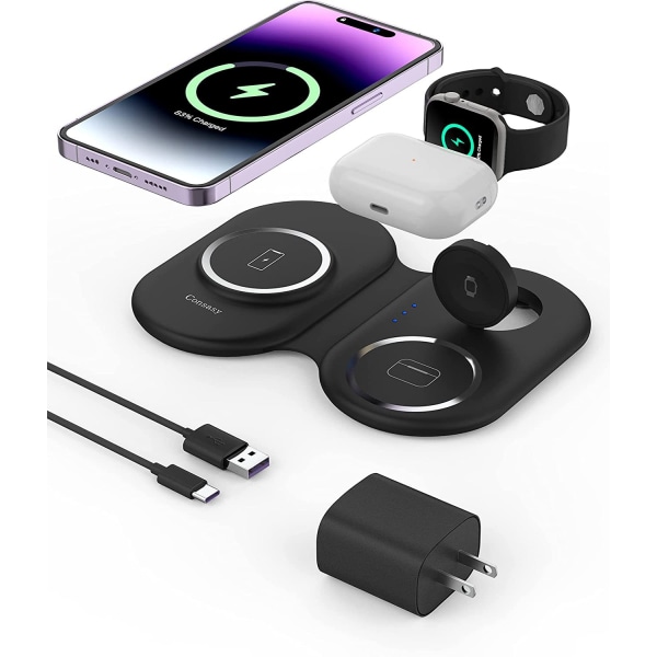 Magnetisk trådløs lader, sammenleggbar trådløs lader 3 i 1 multienhets ladestasjon, iPhone 14 13 12 serie reiselader