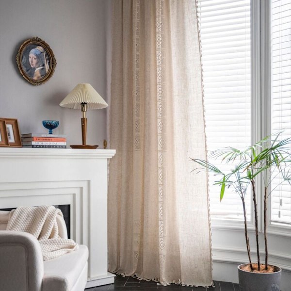 Boho-tyyliset puuvilla- ja pellavakankaasta valmistetut verhot, himmeät, beige, 150 x 240 cm, ontto koukku, valmistettu polyesteristä ja pellavasta