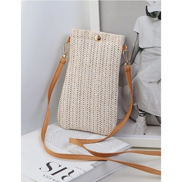 Crossbody-väskor (vit), damväskor i casual vävt halm, vävda axelväskor, mobiltelefonväskor
