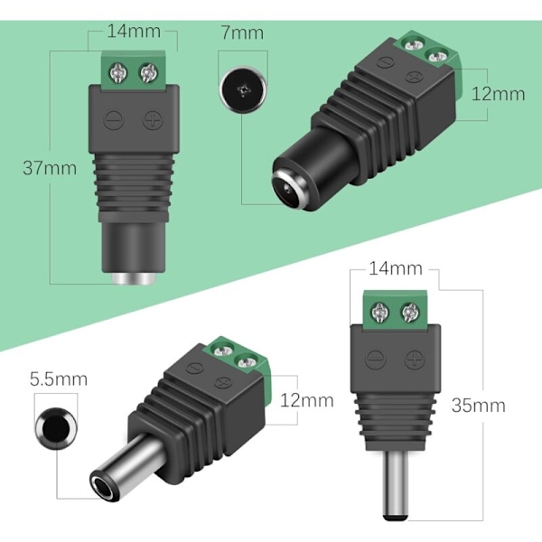 Sarja, jossa 10 paria BNC/DC-uros- ja naarasvirtaliittimiä 2,1 x 5,5 mm videovalvontaan/LED-nauhakameraan