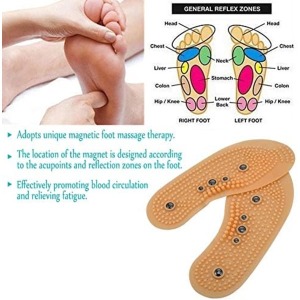 Store størrelse passer 40-46 - 2 par magnetiske terapiinnleggssåler Pustende massasjeinnleggssåler for å stimulere trykkpunkter Akupunktur og refleks øker Bl