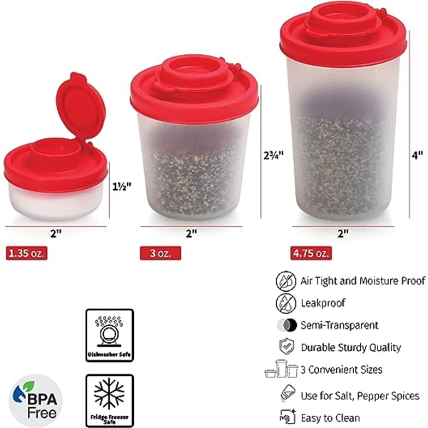 Sett med 3, en av hver størrelse, BPA-frie gjennomsiktige plast salt- og pepperbøsser, Reisepakke, For salt, pepper, krydder, Ideell for camping, fotturer, utendørs