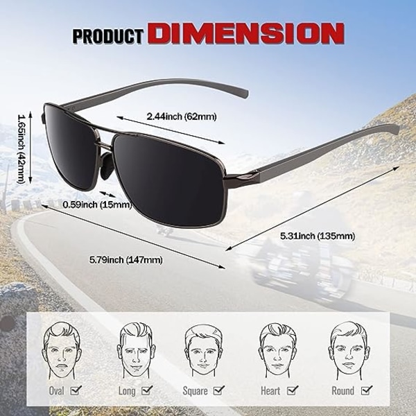 Polariserte solbriller for menn Pilot rektangulære ultralette briller