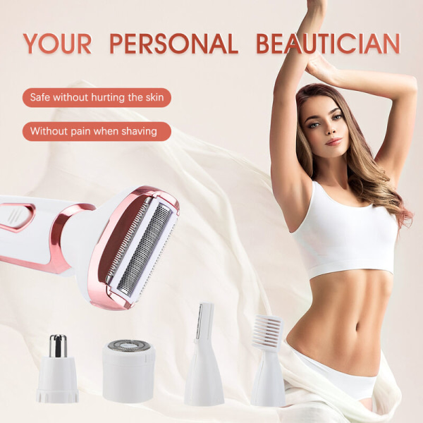 Kvinners elektriske epilator, fire-i-ett våt og tørr multifunksjonell elektrisk barbermaskin for underarmer elektrisk nesetrimmer hårfjerning øyenbryns trimmer