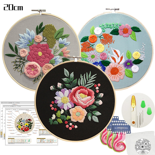 3-pack broderikit för nybörjare, 8-tums tryckt broderikit med mönster och instruktioner, korsstygnsstartkit för vuxna hantverk