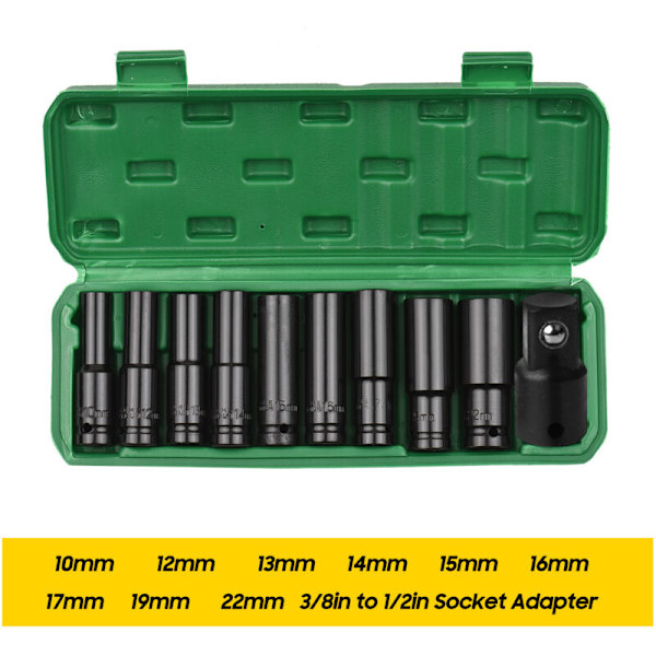 Tredelt 1/2 tommes sekskantede kraftpiper, 10 deler, dype piper, metriske størrelser fra 10 til 22 mm og 3/8 tommes adapter, CR-V materiale med rekkevidde