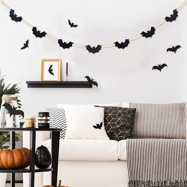 Halloween-seppele, lepakkoseppele Halloween-takka-koristeluun, huopa-lepakot puuhelmi-banneri takan reunakoristeluun