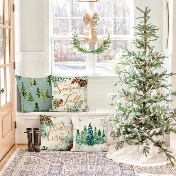 Vinter tall kuddfodral 45 x 45 cm dubbelsidig dekorativ prydnadskuddfodral jul örngott för soffa säng hem vinter jul dekor set om 4
