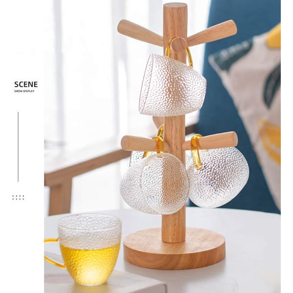 Træ krus træ krus holder krus stativ bordplade holder træ kop holder opbevaring arrangør display stativ køkkenartikler til te kaffekop krus kroge (6 C