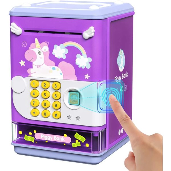 Sparegrisleketøy Elektronisk miniminibanksparemaskin med PIN-kode og opplåsingssimuleringsmusikkboks med fingeravtrykk for barn 3-8 år, gutter og jenter (lilla