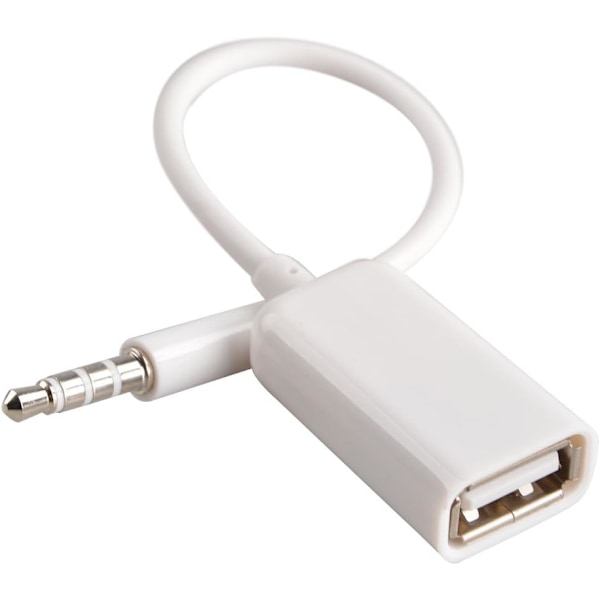AUX til USB konverteringskabel 3,5 mm hann Aux lydplugg til USB 2.0 hunnkabel hvit (bil trenger MP3 dekoding funksjon)