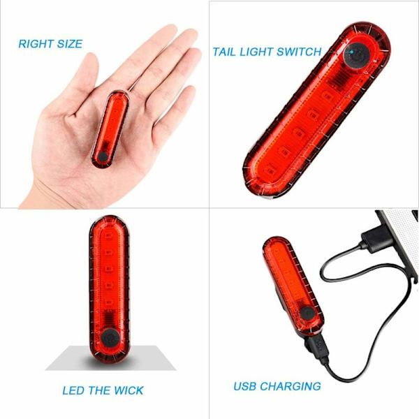 Cykelbakljus LED-cykellampa, 2 st USB-laddningsbara cykellampor med IPX5 vattentät, för cykling, camping, etc.